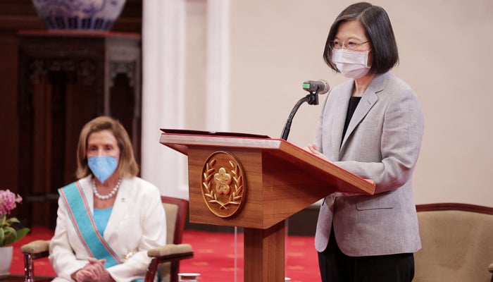 Taiwan President Tsai Ing-wen speaks at a meeting with U.S. House of Representatives Speaker Nancy Pelosi at the presidential office in Taipei, Taiwan August 3, 2022. Taiwan Presidential Office/Handout via REUTERS