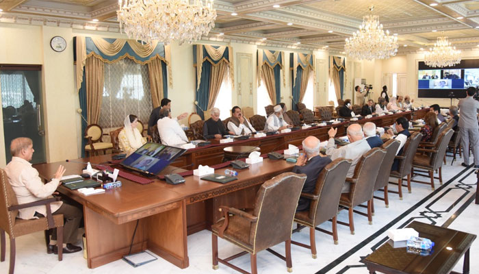 PM Shehbaz Sharif chairing a meeting of coalition partners at his office. — Twitter/PML-N