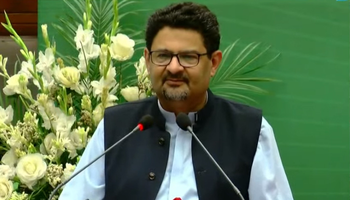 Finance Minister Miftah Ismail addresses during an event at the Pakistan Stock Exchange (PSX) in Karachi, on August 5, 2022. — YouTube/HumNewsLive