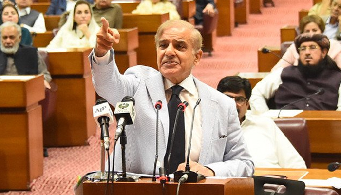 Prime Minister Shehbaz Sharif delivers his victory speech in National Assembly on April 11, 2022. — PID