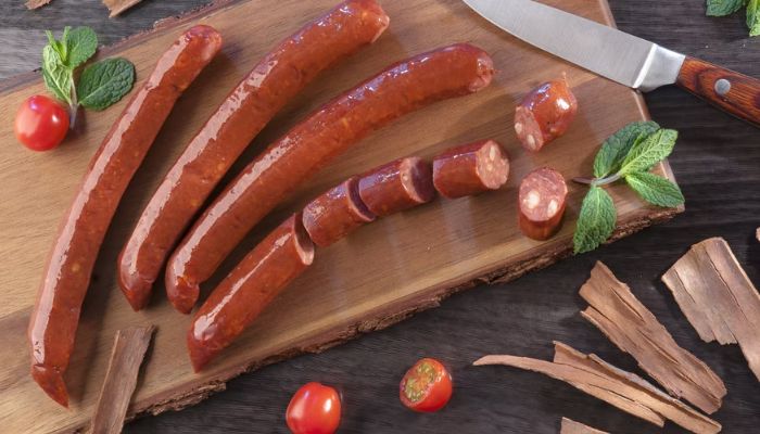 Sausage meat, cherry tomatoes, and basil on a cutting board.—unsplash