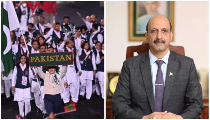 Pakistani athletes participating in Commonwealth Games (CWG) 2022 represent their country flag (L) and Pakistan Sports Board (PSB)s Director General Colonel (Retd) Asif Zaman. — Twitter/File