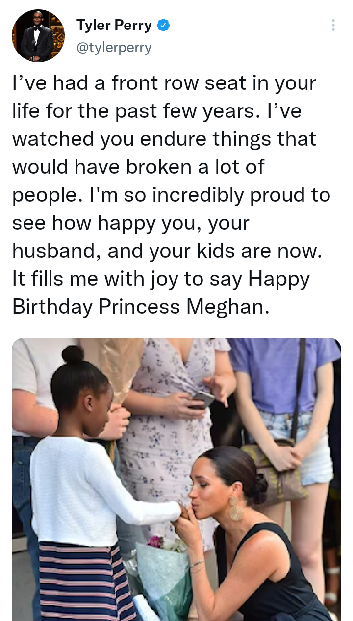 Meghan Markles showbiz friend Tyler Perry calls her Princess in birthday message