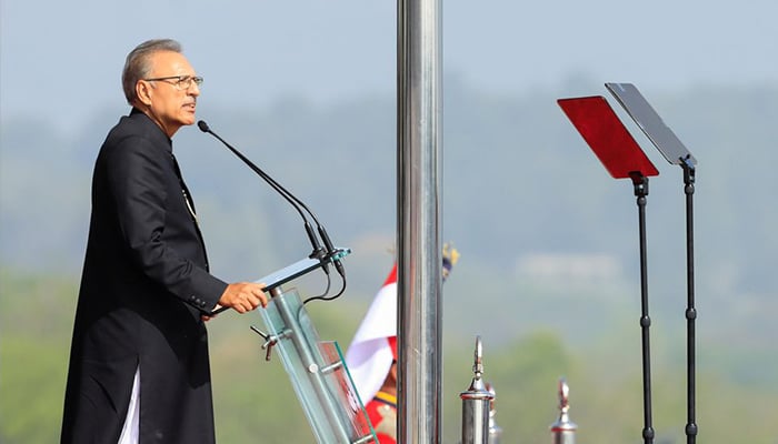 Pakistani President Arif Alvi speaks during the Pakistan Day military parade in Islamabad, Pakistan March 25, 2021. — Reuters