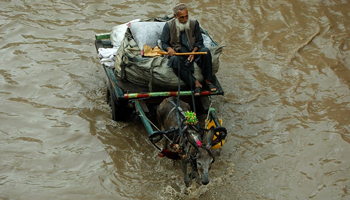 پشاور، پاکستان، 21 جولائی، 2022 میں مون سون کے موسم کے دوران، ایک شخص سیلاب زدہ گلی کے درمیان گدھے کی گاڑی پر سوار ہو رہا ہے، ری سائیکل ایبلز کی نقل و حمل کے دوران۔ — رائٹرز