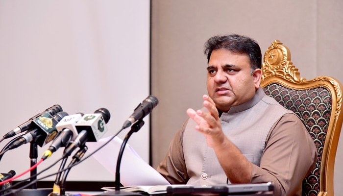 Former information minister Fawad Chaudhry addresses a press conference in Islamabad in September 2021. — PID
