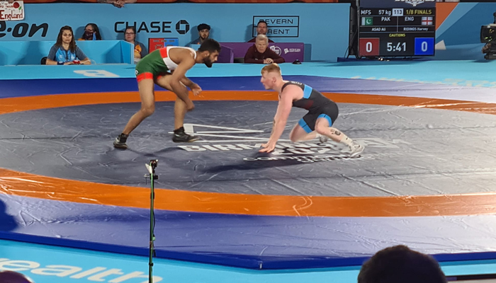 Pakistans Asad Ali fighting against Englands Harvey Ridings during a wrestling event at the Common Wealth Games in Birmingham, United Kingdom. — Provided