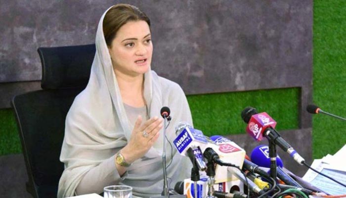 Minister for Information and Broadcasting Marriyum Aurangzeb speaking during a press conference in Islamabad on August 6, 2022. — APP