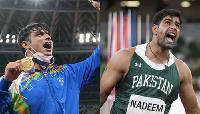 Indias javelin thrower Neeraj Chopra (left) and Pakistans Arshad Nadeem. — Twitter/File