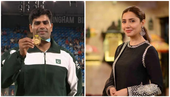 Javelin thrower Arshad Nadeem (L) and superstar Mahira Khan. — Twitter/Instagram/File