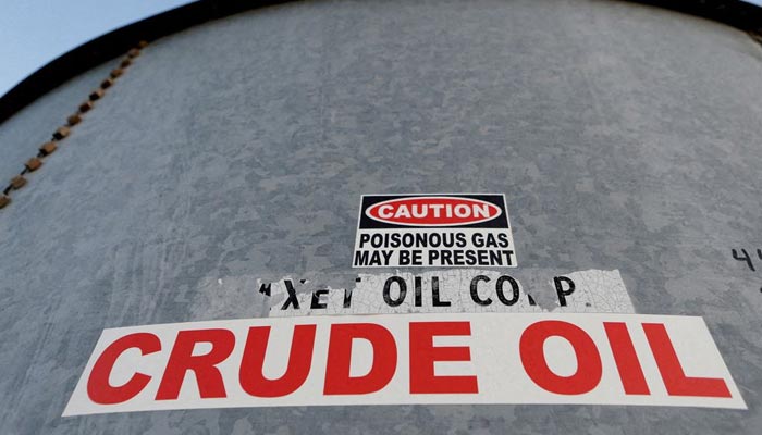 Sticker reads crude oil on the side of a storage tank in the Permian Basin in Mentone, Loving County, Texas, US November 22, 2019. — Reuters/File