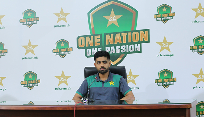 Pakistan skipper Babar Azam addresses a press conference in Lahore, on August 11, 2022. — Twitter/TheRealPCB