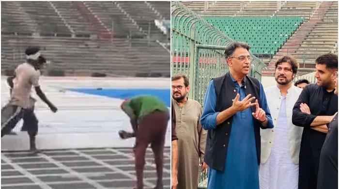 WATCH: Lahore hockey stadium's astroturf scrapped off for PTI rally