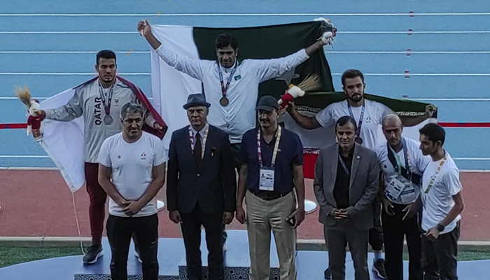 Pakistans Arshad Nadeem celebrates winning and taking the gold medal in the mens javelin throw final athletics event at the 2022 Islamic Solidarity Games in Konya, Turkey, on August 12, 2022. — Photo by author