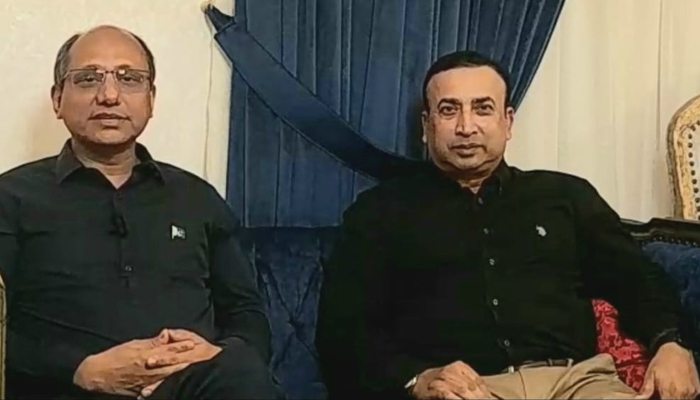 Sindh Labour and Human Resources Minister Saeed Ghani (left) and PPP leader Danish Khan speaking during a video message in Karachi, on August 12, 2022. — Provided