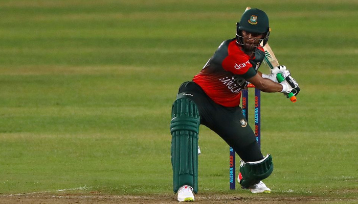 Cricket - First Twenty20 International - Bangladesh v Australia - Sher-e-Bangla National Cricket Stadium, Dhaka, Bangladesh - August 3, 2021. Bangladeshs Shakib Al Hasan plays a shot. — Reuters