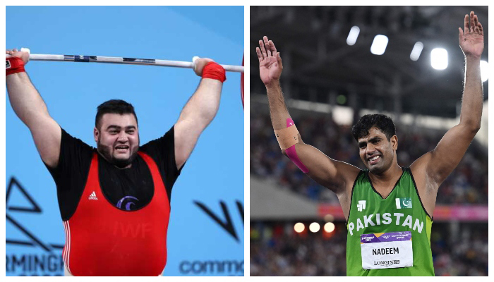 Commonwealth Games gold medalists Nooh Dastagir Butt (left) and Arshad Nadeem. — Twitter/AFP/File