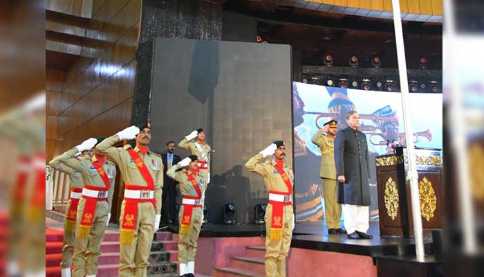 Prime Minister Shehbaz Sharif unveils newly re-recorded national anthem at theat Jinnah Convention center in Islamabad. Photo: Courtesy PM Office