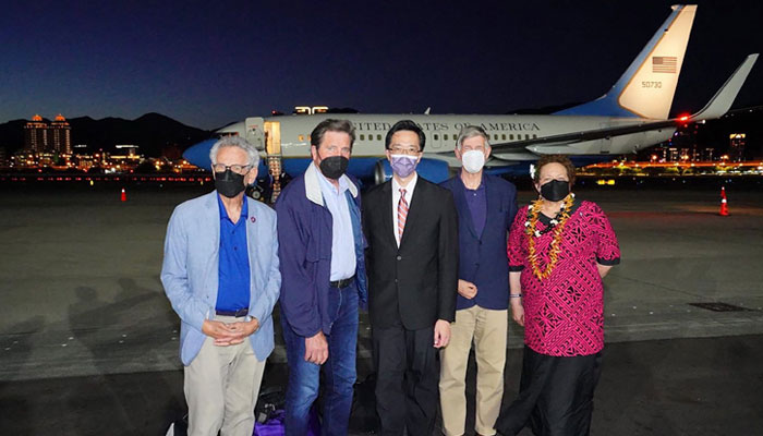 This handout picture taken and released by Taiwans Ministry of Foreign Affairs (MOFA) on August 14, 2022 shows (L-R) US Representatives Alan Lowenthal, John Garamendi, Don Beyer and Aumua Amata Coleman Radewagen posing with Taiwanese diplomat Douglas Yu-tien Hsu (C) after arriving at Sungshan Airport in Taipei. — AFP/Ministry of Foreign Affairs