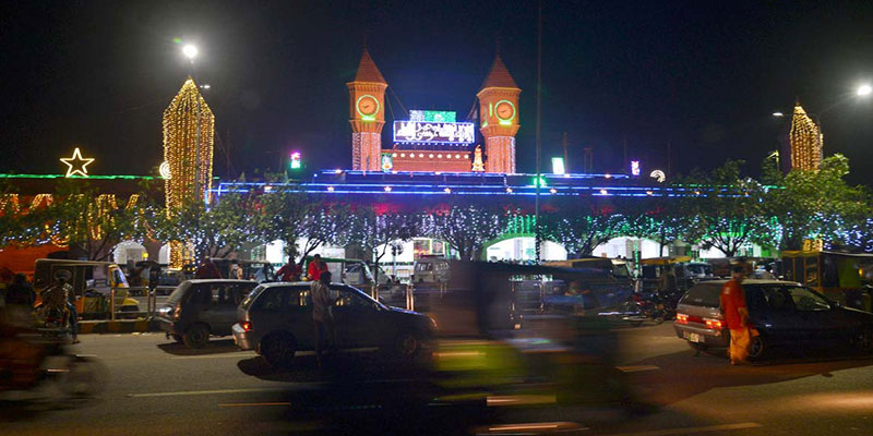 Lahores Railway Station illuminated with lights. — APP