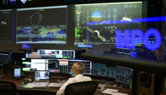 The command center, where training activities performed in a 6.2 million gallon pool are monitored, at the NASA Neutral Buoyancy Laboratory in Houston, Texas, on August 5, 2022. AFP