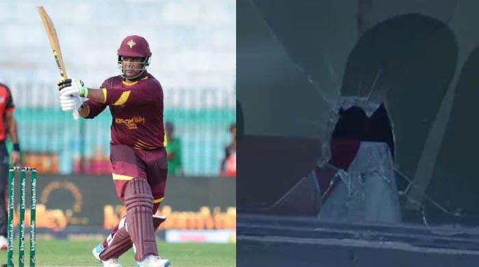 WATCH: Sharjeel Khan breaks glass window with hard-hitting in KPL