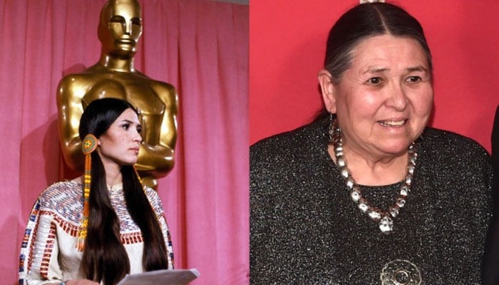 Sacheen Littlefeather at the Oscars in 1973 (left) and the Red Nation Film Festival in 2019. Courtesy: Globe Photos