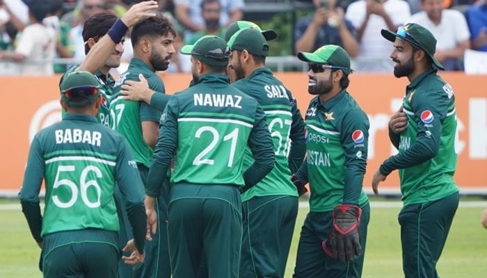 Pakistan team celebrates after Fakhar Zamans century helped steer Pakistan to a 16-run victory in the first of a three-match series against the Netherlands in Rotterdam on August 16, 2022 . — Twitter/TheRealPCB