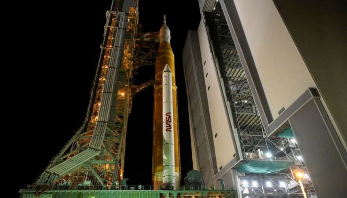 NASA’s next-generation moon rocket, the Space Launch System (SLS) rocket with its Orion crew capsule perched on top, leaves the Vehicle Assembly Building (VAB) on a slow-motion journey to its launch pad at Cape Canaveral, Florida, U.S. August 16, 2022. — Reuters
