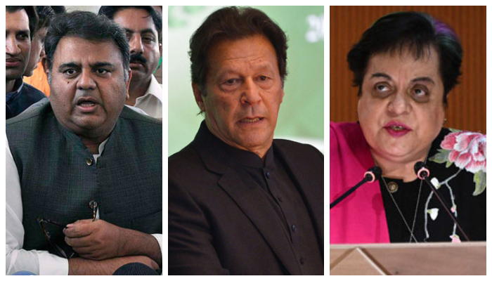 (L to R) PTI leaders Fawad Chaudhry, Imran Khan, and Shireen Mazari. — AFP/File