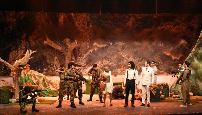 An overview of the stage during the theatre play Saadhay 14 August in Karachi, on August 16, 2022. — Arts Council