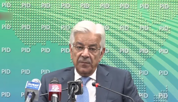 Defence Minister Khawaja Asif addresses a press conference in Islamabad, on August 16, 2022. — YouTube/PTVNewsLive