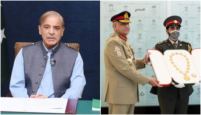 Prime Minister Shehbaz Sharif (L) and Chief of Army Staff General Qamar Javed Bajwa. — PID/Twitter