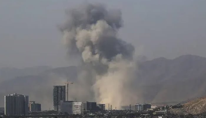 Smoke fumes can be seen after a powerful blast rips through a mosque in Kabul, Afghanistan. — Twitter