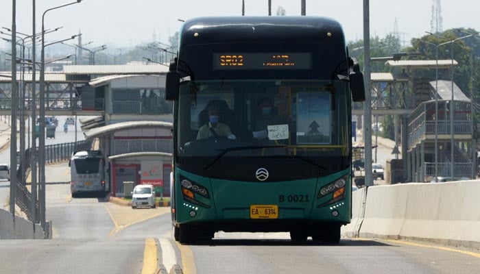 A bus drives along the newly-built corridor of the Peshawar Bus Rapid Transit (BRT), a rapid bus transit system running along an east-west corridor, during a test-run in Peshawar on August 5, 2020. — AFP/Abdul Majeed