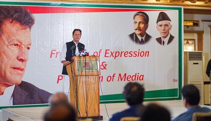 PTI chairperson Imran Khan addressing a seminar related to freedom of expression in Islamabad on August 18, 2022. — Facebook