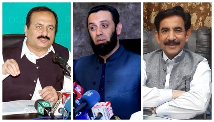 (L to R) PML-N leaders Rana Mashood, Ata Tarar, and Malik Saif ul Malook Khokhar. — Twitter/PID/Facebook