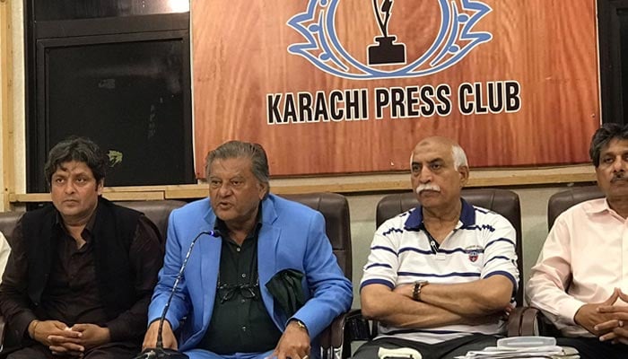 Pakistan Hockey Federation (PHF)s President Brig (R) Khalid Sajjad Khokhar speaks to journalists after being re-elected as PHF president on August 19, 2022. — Photo by author