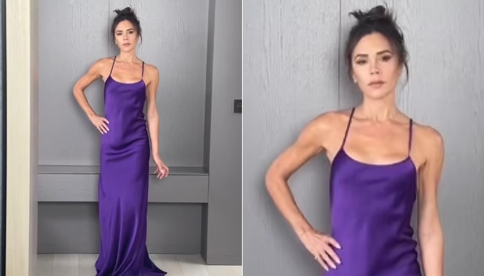 Victoria Beckham accentuates her hourglass figure in chic purple silk dress