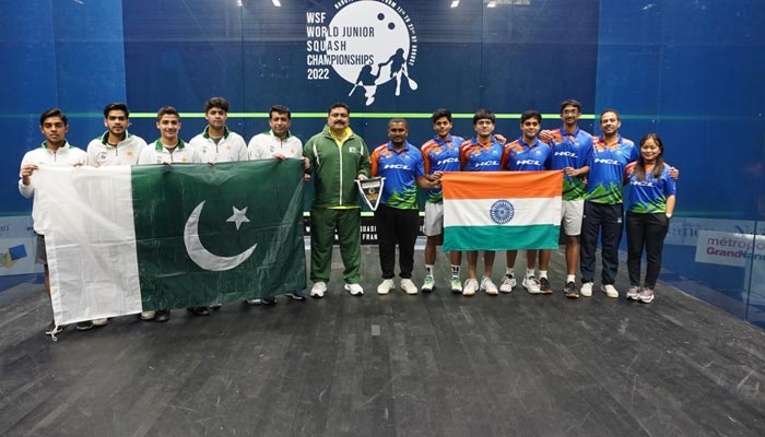 Pakistan and Indias team pose for a picture after the quarter-final of the World Juniors Team Squash Championship on August 19, 2022. — Photo by author