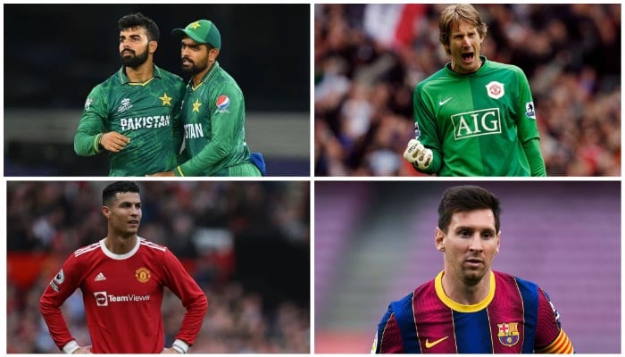 (Clockwise) Pakistani cricketer Shadab Khan and Babar Azam,ex-Manchester United keeper Edwin van der Sar, FootballersCristiano Ronaldo and LeoMessi. — Twitter/Reuters/File