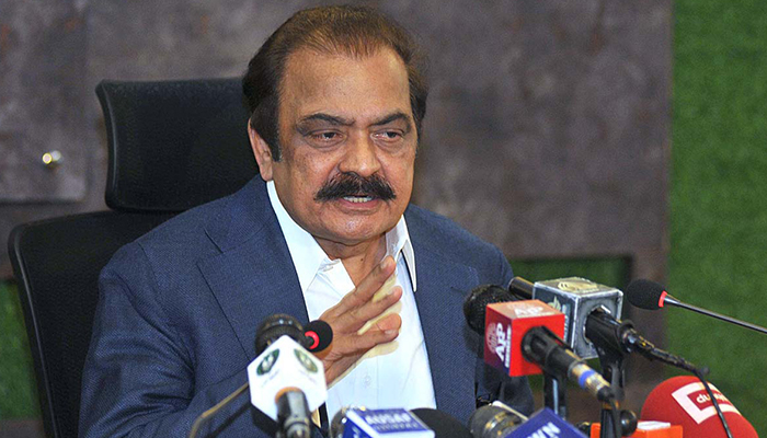Minister for Interior Rana Sanaullah Khan addressing a press conference at PTV Headquarters. — APP photo by Irshad Sheikh