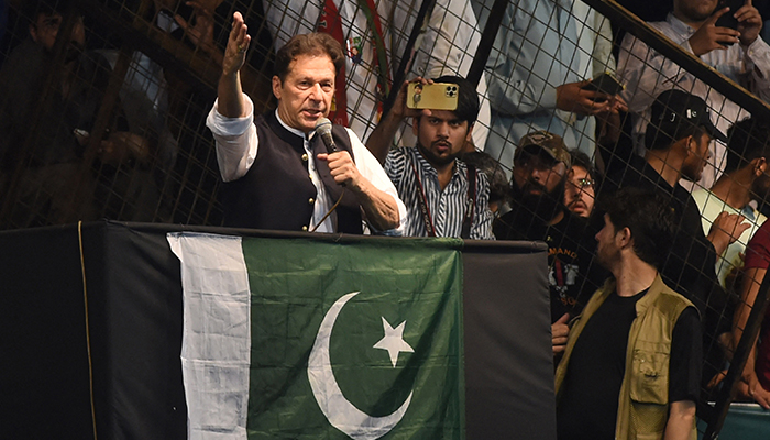 Former prime minister and PTI chief Imran Khan, delivers a speech to his supporters during a rally celebrate the 75th anniversary of Pakistan´s independence day in Lahore on August 13, 2022. — AFP