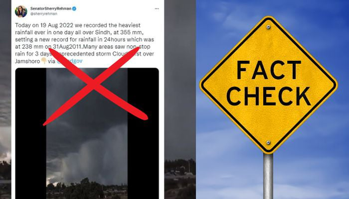 The tweet by Minister for Climate Change Sherry Rehman (left) and a fact check sign. — Twitter/Canva