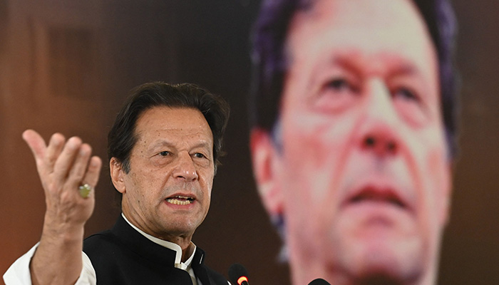 PTI Chairman Imran Khan addresses an event on Regime Change Conspiracy and Pakistans Destabilisation in Islamabad on June 22, 2022. — AFP