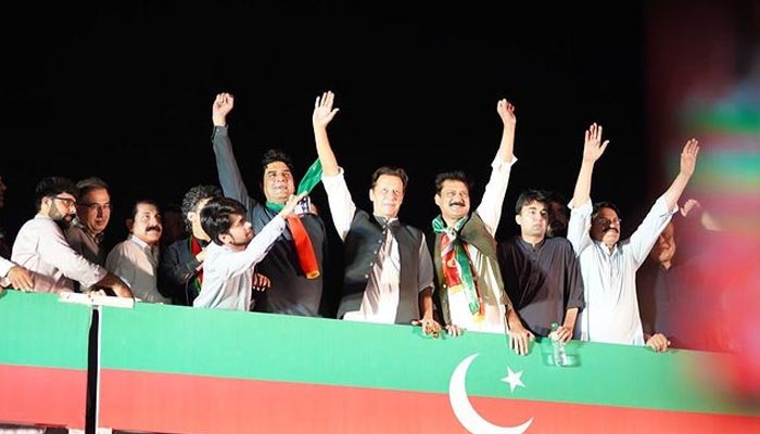 PTI chairperson Imran Khan waves at the party supporters and public during a public gathering at F-9 park on August 20, 2022. — Instagram