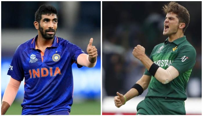 Indias main pacer Jasprit Bumrah (L) and his Pakistani counterpart Shaheen Shah Afridi. — Reuters/Twitter