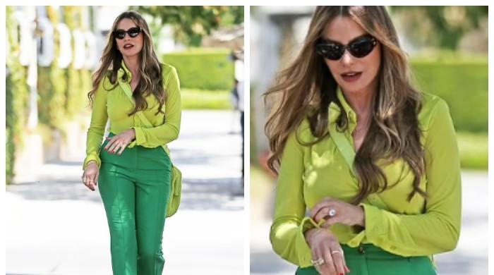 Sofia Vergara looks typically chic in green blouse and green pants  combination
