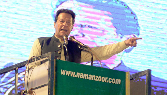PTI Chairman Imran Khan addressing a public gathering in Rawalpindis Liaqautbagh. — NNI