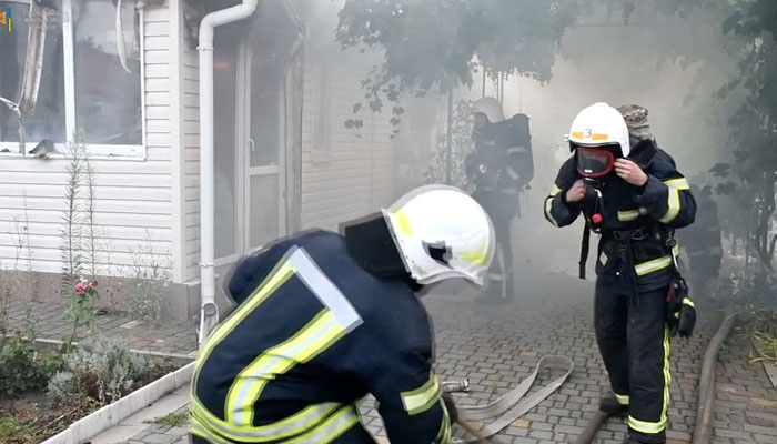 Firefighters extinguish fires in buildings following shelling as Russias invasion of Ukraine continues, in Mykolaiv region, Ukraine August 6, 2022 in this screengrab obtained from a social media video. — Reuters